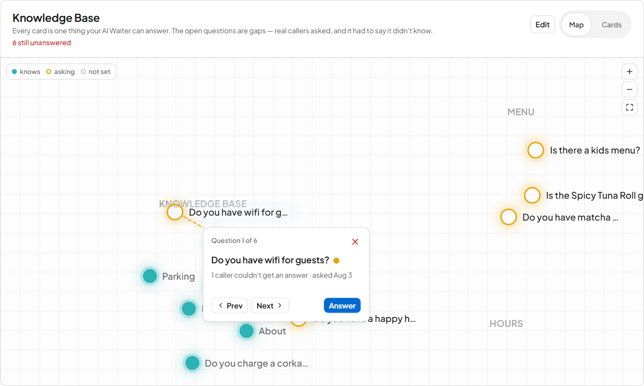 The ChompChat Knowledge Base map: your AI's open questions highlighted amber with a guided answer popover, surrounded by everything it already knows